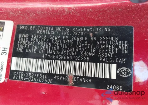 2008 Toyota Camry Le z USA, uszkodzony, nr VIN 4T1BE46K68U195256